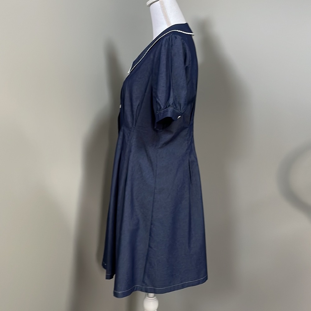 ALLEGRA K DENIM PUFF SLEEVE BUTTON FRONT FLARE A-LINE MINI DRESS - Picture 4 of 14